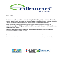 2016 Elinsan Grup -  Çevreci Tesis Ödül Töreni Tebrik Yazısı